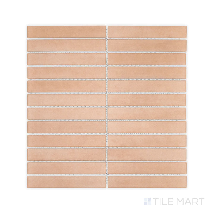 Aerial perspective of Passaggi Blush 1x6 Grid Matte Porcelain Mosaic, with delicate pink hues and thin rectangular shapes, perfect for trendy backsplashes and accent walls.