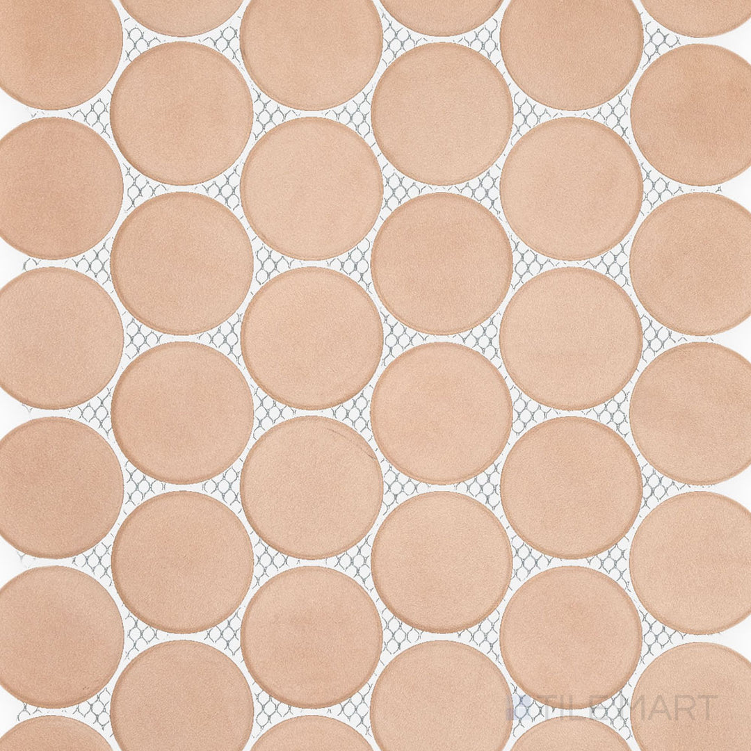 Overview of Passaggi Blush 2" Round Matte Porcelain Mosaic Tile highlighting gentle pink hue, round mosaic design, and smooth matte porcelain finish.