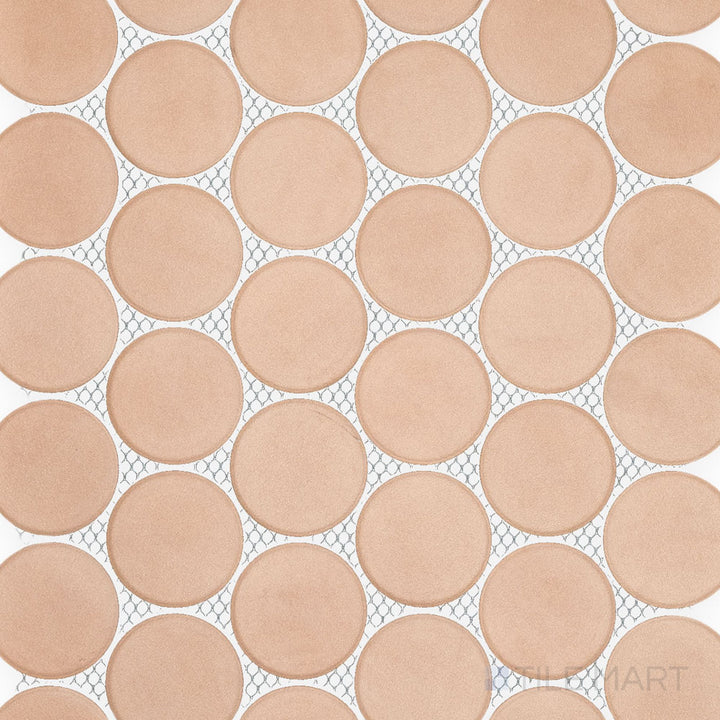 Overview of Passaggi Blush 2" Round Matte Porcelain Mosaic Tile highlighting gentle pink hue, round mosaic design, and smooth matte porcelain finish.