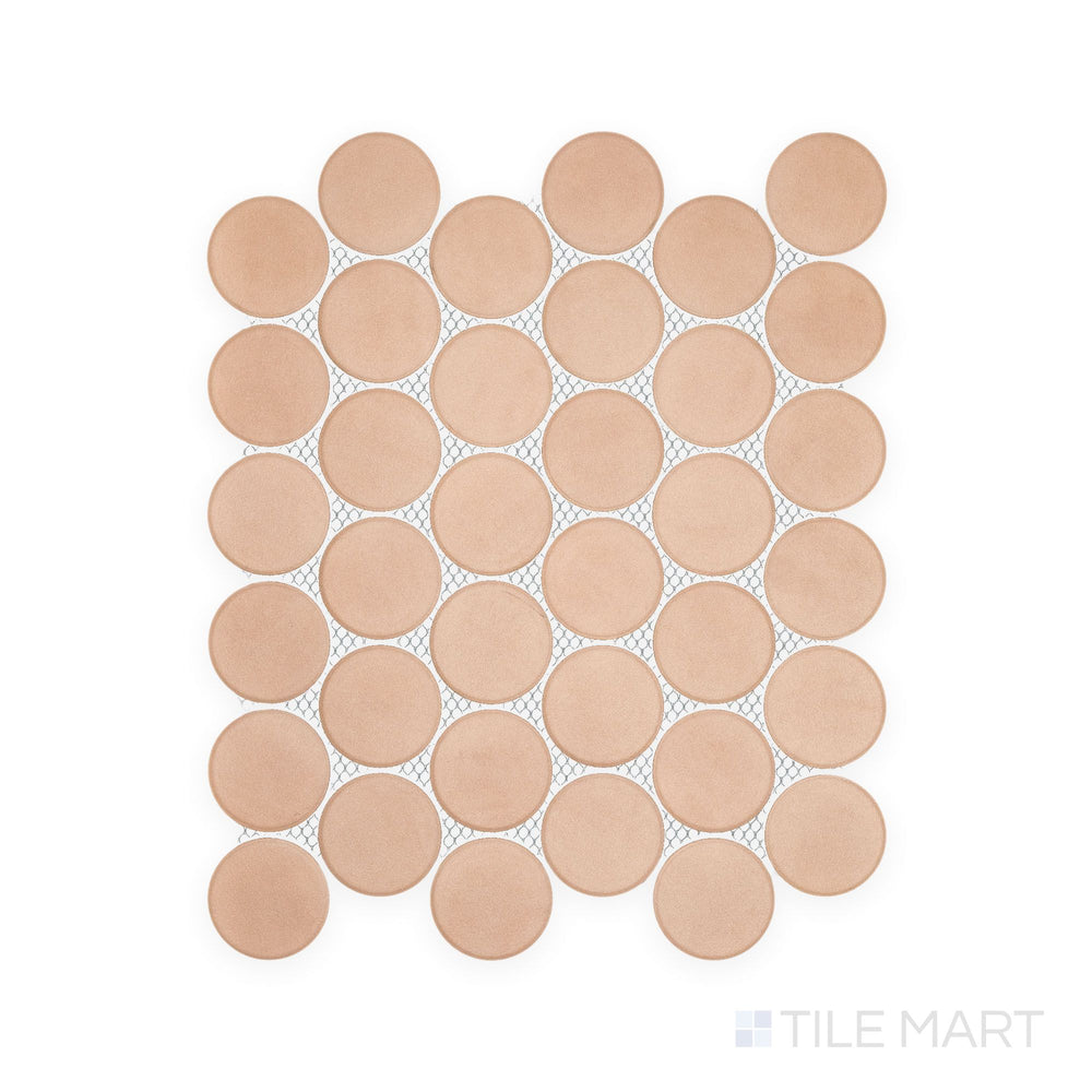 Flat-lay presentation of Passaggi Blush 2" Round Matte Porcelain Mosaic, featuring playful blush tones in a rounded tile form, ideal for boutique-style interiors.