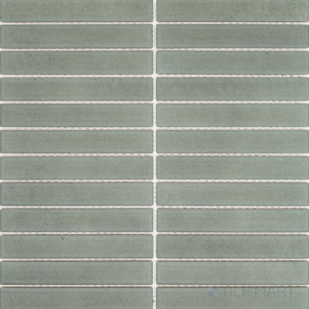 Full view of Passaggi Green 1x6 Grid Matte Porcelain Mosaic Tile featuring muted green tones, slim rectangular layout, and matte finish for fresh modern spaces.
