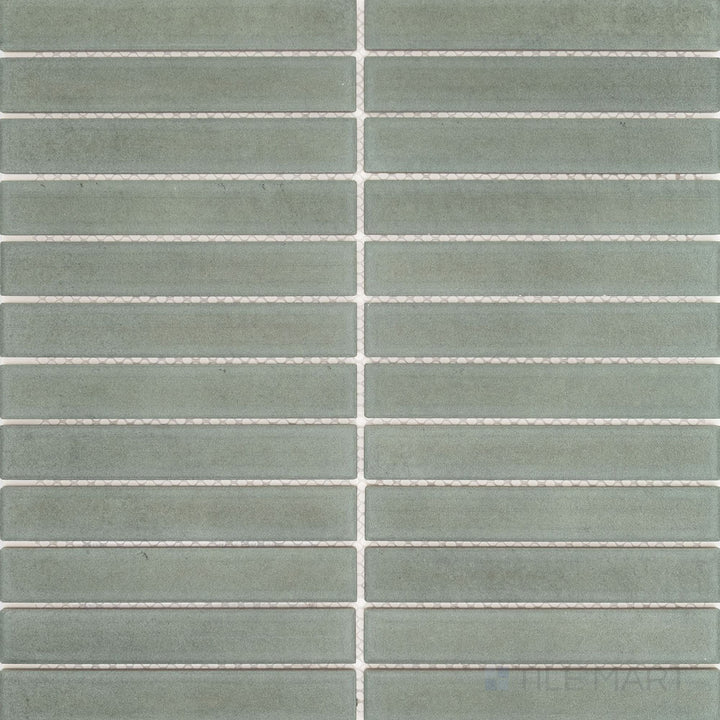Full view of Passaggi Green 1x6 Grid Matte Porcelain Mosaic Tile featuring muted green tones, slim rectangular layout, and matte finish for fresh modern spaces.