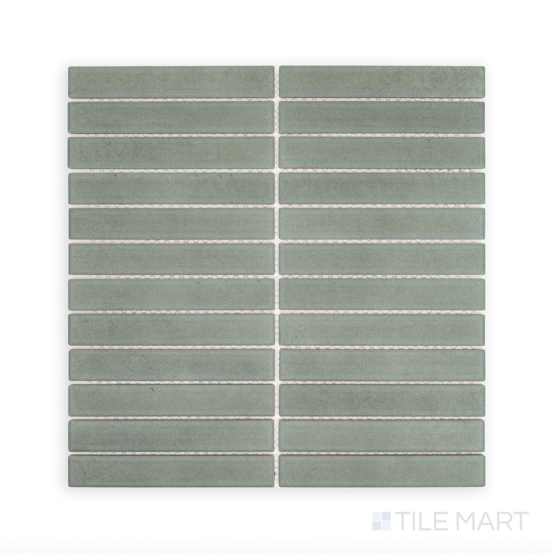 Surface-focused shot of Passaggi Green 1x6 Grid Matte Porcelain Mosaic, combining natural green tones with sleek grid design for biophilic and modern tile applications.
