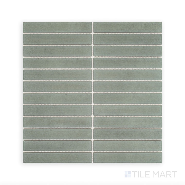 Surface-focused shot of Passaggi Green 1x6 Grid Matte Porcelain Mosaic, combining natural green tones with sleek grid design for biophilic and modern tile applications.