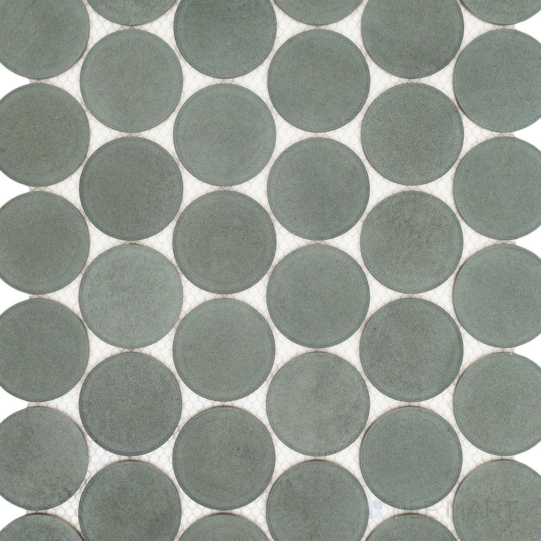 Product overview of Passaggi Green 2" Round Matte Porcelain Mosaic Tile with soft sage-green shade, circular layout, and a clean matte surface.