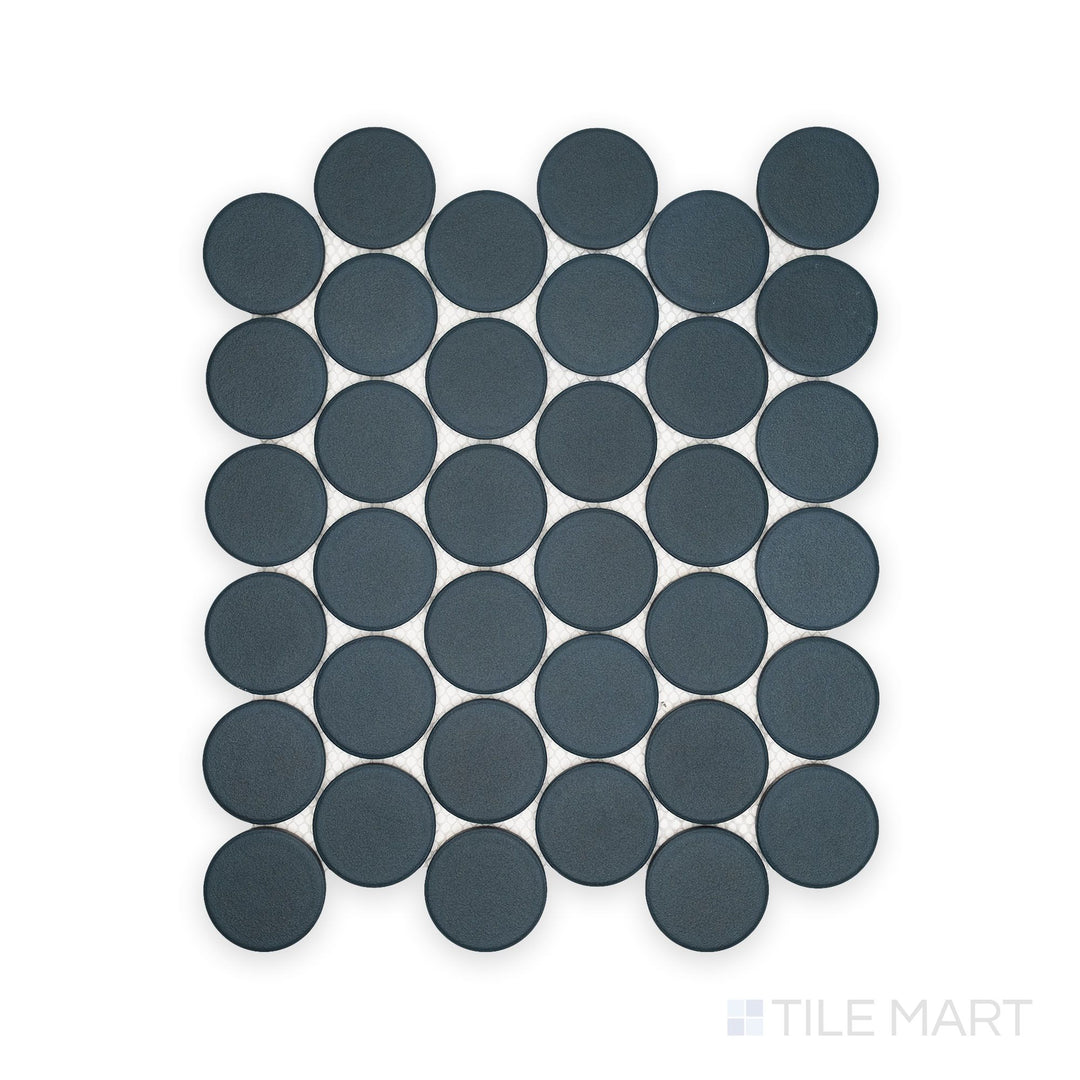 Direct-from-above view of Passaggi Blue 2" Round Matte Porcelain Mosaic, featuring rounded tiles in a cool blue hue for contemporary showers and statement walls.