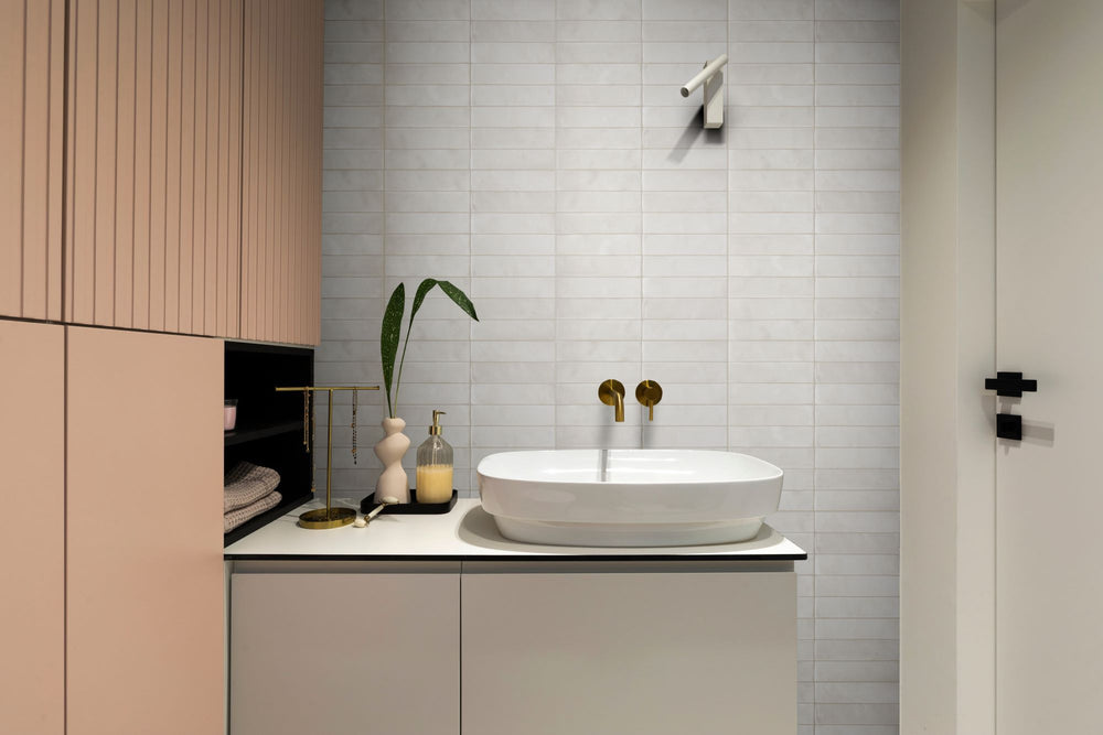 Room featuring Passaggi White 2x9 Matte Porcelain Tile, offering a clean, minimalist look with its crisp white hue and sleek rectangular format.