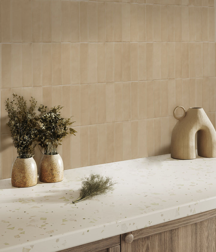 Modern setting styled with Passaggi Beige 2x9 Matte Porcelain Tile, showcasing warm beige tones that bring softness and warmth to the space.