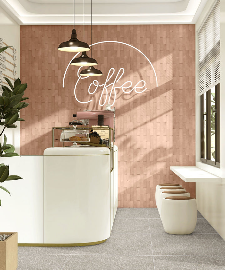 Space enhanced by Passaggi Blush 2x9 Matte Porcelain Tile, adding a gentle pink tone and elegant, elongated shape for a subtle pop of color.