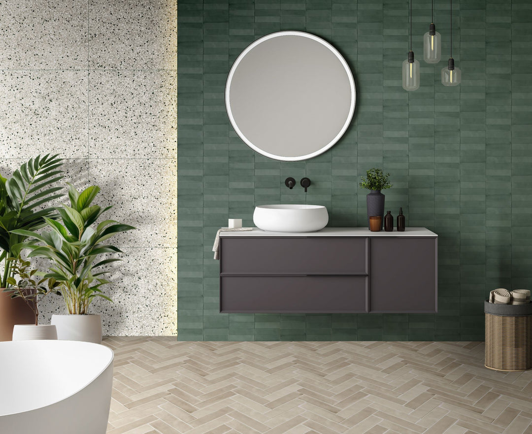 Passaggi Green 2x9 Matte Porcelain Tile featured in a fresh, calming room layout with soft green tones and a smooth matte texture.