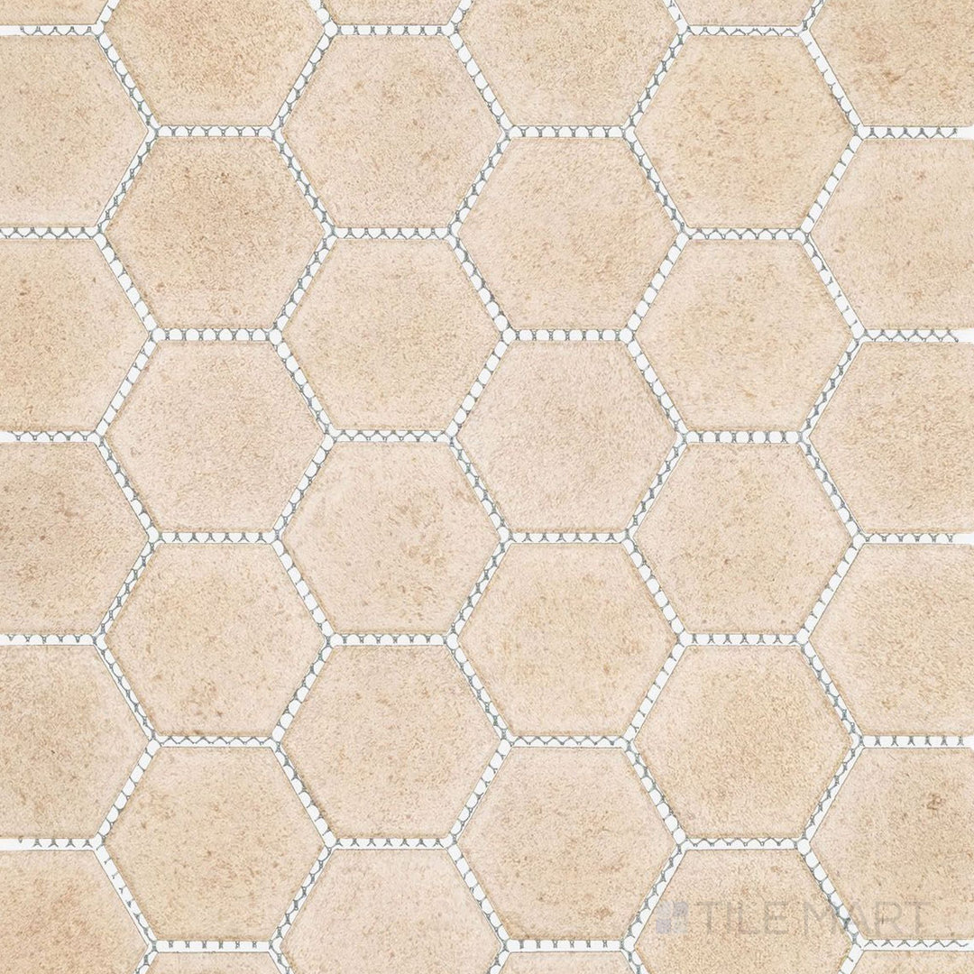 Full view of Richmond Taupe 2" Hexagon Matte Porcelain Mosaic Tile featuring warm taupe tones, honeycomb layout, and matte finish ideal for stylish floors and walls.