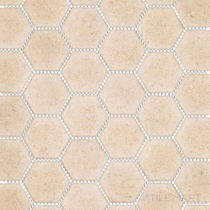 Full view of Richmond Taupe 2" Hexagon Matte Porcelain Mosaic Tile featuring warm taupe tones, honeycomb layout, and matte finish ideal for stylish floors and walls.
