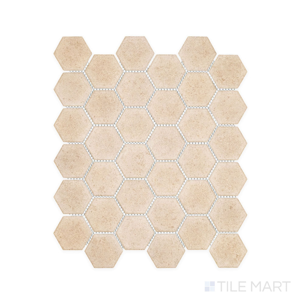 Flat-lay view of Richmond Taupe 2" Hexagon Matte Porcelain Mosaic, highlighting the warm taupe hue and modern hex pattern ideal for accent walls or flooring in high-traffic areas.