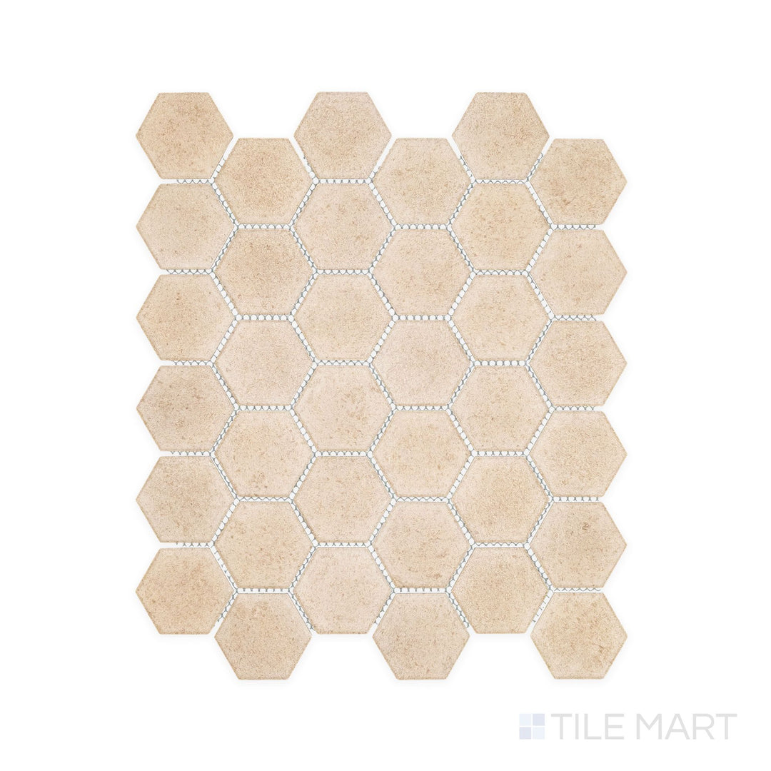 Flat-lay view of Richmond Taupe 2" Hexagon Matte Porcelain Mosaic, highlighting the warm taupe hue and modern hex pattern ideal for accent walls or flooring in high-traffic areas.