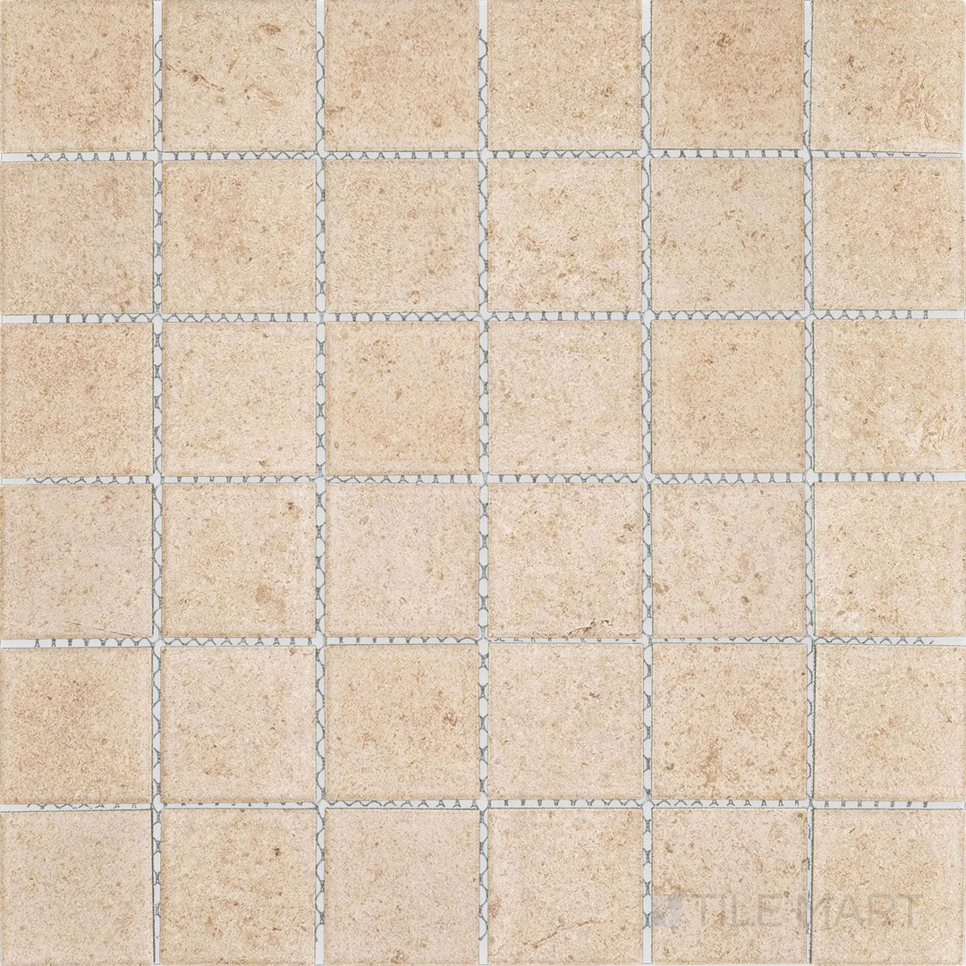 Product overview of Richmond Taupe 2" Square Matte Porcelain Mosaic Tile showcasing soft beige color, clean square grid design, and matte surface for modern accents.