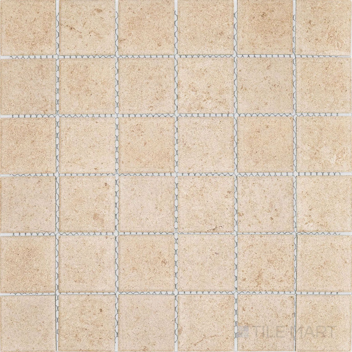 Product overview of Richmond Taupe 2" Square Matte Porcelain Mosaic Tile showcasing soft beige color, clean square grid design, and matte surface for modern accents.