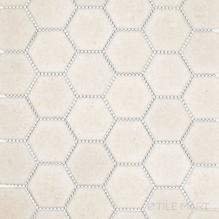 Overview of Richmond Ivory 2" Hexagon Matte Porcelain Mosaic Tile with a soft ivory palette, geometric hexagon pattern, and matte finish for contemporary interiors.