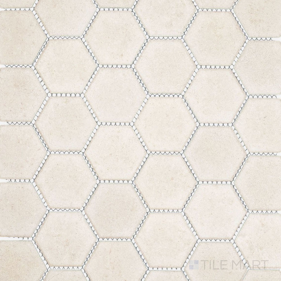 Overview of Richmond Ivory 2" Hexagon Matte Porcelain Mosaic Tile with a soft ivory palette, geometric hexagon pattern, and matte finish for contemporary interiors.