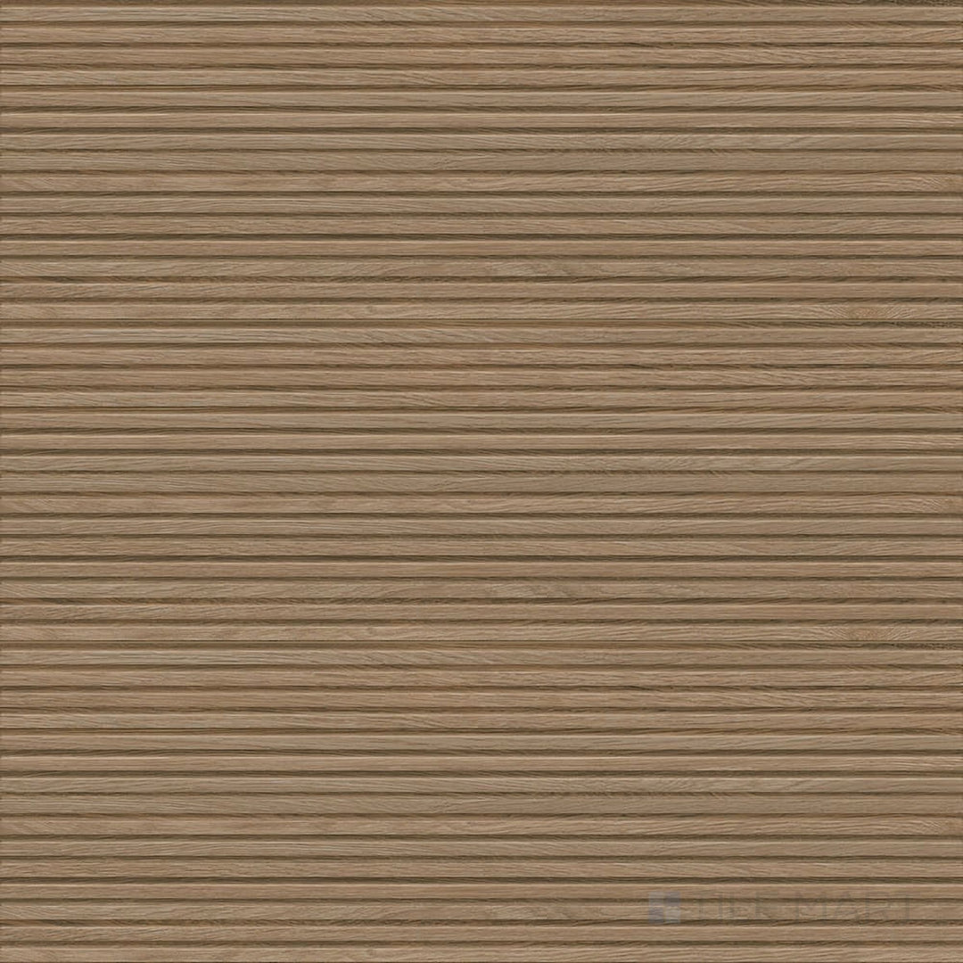 Full view of Richmond Struttura 3D Rovere 13x39 Matte Ceramic Tile highlighting wood-inspired taupe tone, ribbed surface detail, and matte finish for dimensional wall effects.