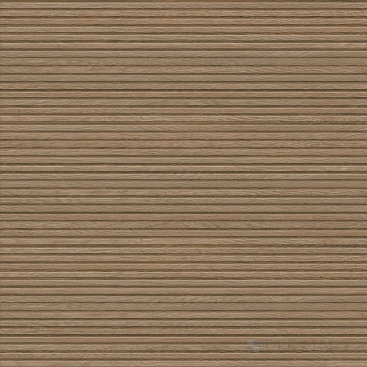 Full view of Richmond Struttura 3D Rovere 13x39 Matte Ceramic Tile highlighting wood-inspired taupe tone, ribbed surface detail, and matte finish for dimensional wall effects.