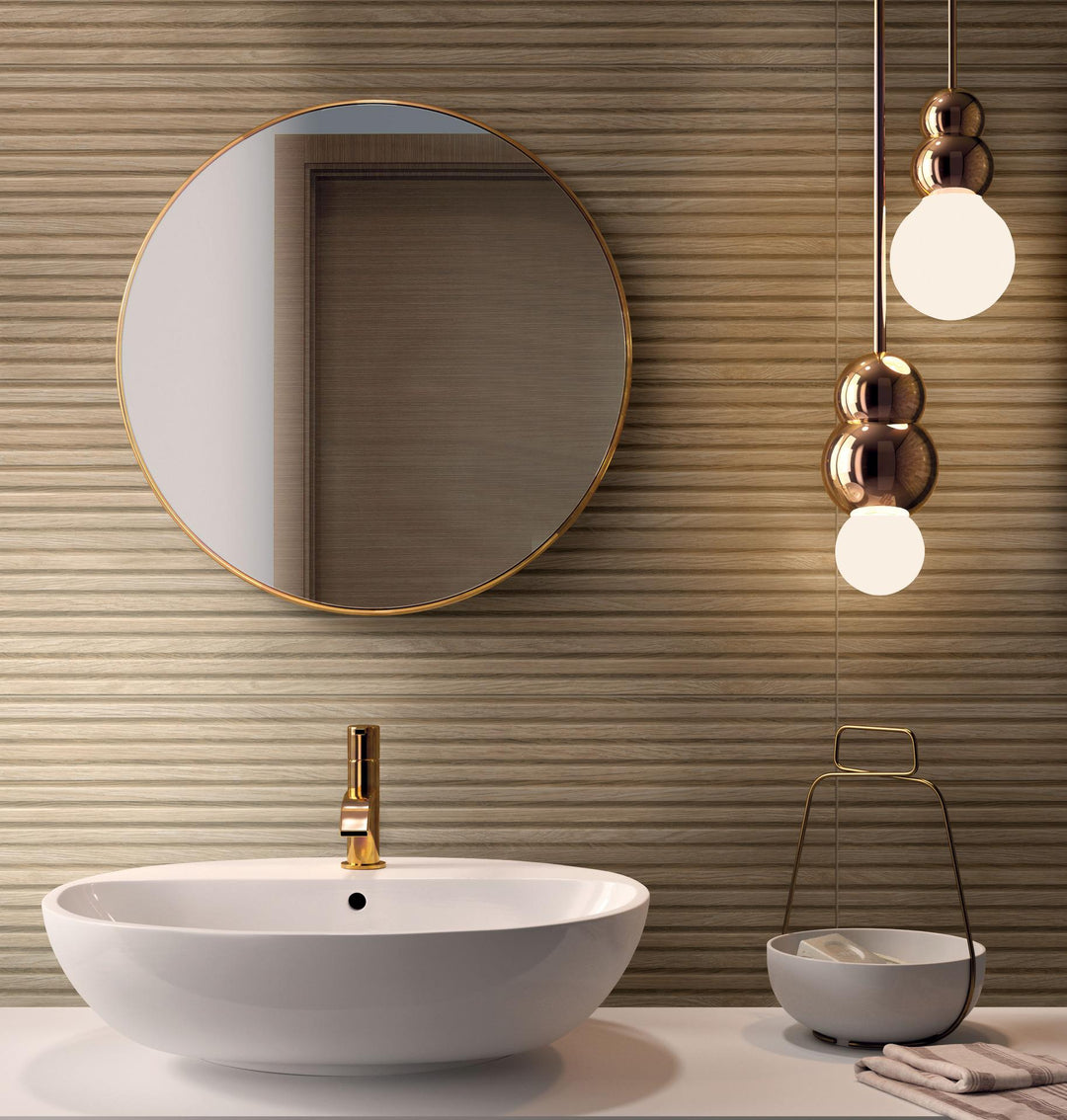 Room with Richmond Struttura 3D Natural 13x39 Matte Ceramic Tile adding dimensional texture and a tactile finish in a soft, natural shade.