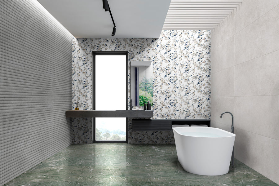 Contemporary design featuring Richmond Struttura 3D Silver 13x39 Matte Ceramic Tile with its metallic silver tone and raised 3D pattern that adds depth and visual intrigue.