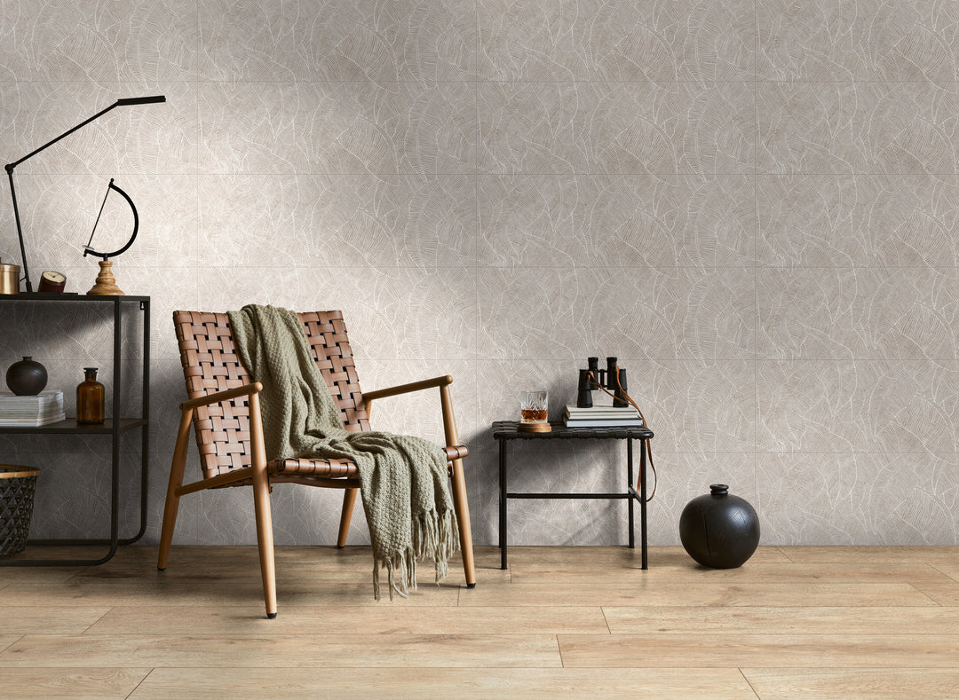 Decorative accent wall with Richmond Deco Taupe Panta 13x39 Matte Ceramic Tile, showcasing taupe tones and a subtle decorative pattern for an artistic finish.