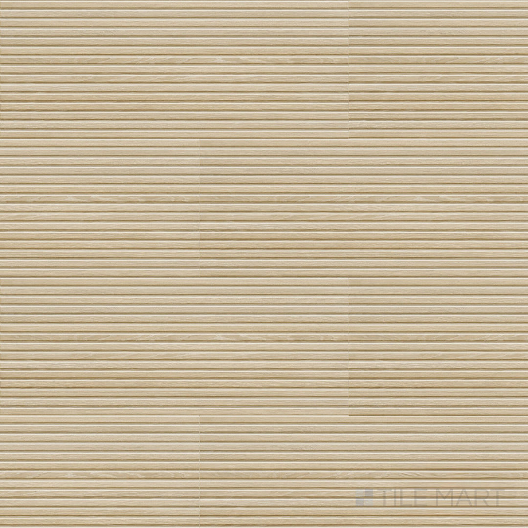Full view of Valkiria Esir Deco Oak 12x30 Matte Ceramic Tile featuring warm oak wood tones and linear decorative texture ideal for accent walls.