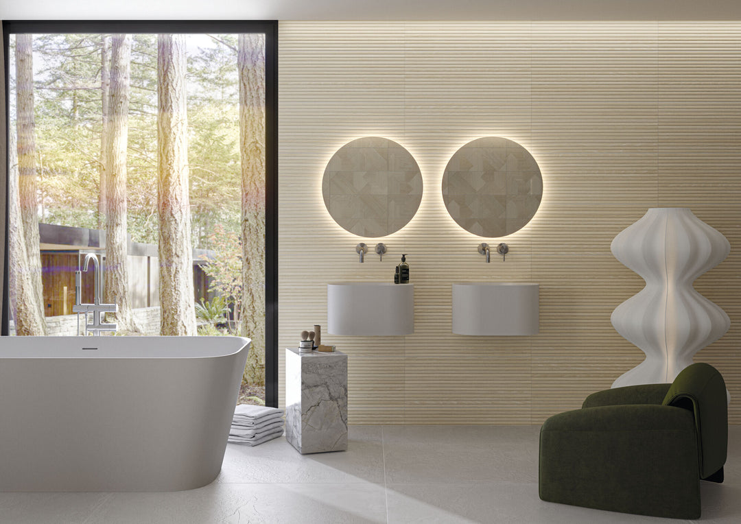 Valkiria Esir Deco Maple 12x30 Matte Ceramic Tile featured in a warm-toned setting with intricate patterns and a maple-inspired palette for artistic visual impact.