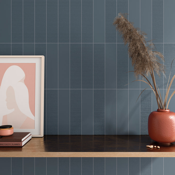 Van Base Plain Azul 3x12 Matte Ceramic Tile displayed in a vibrant space with deep blue tones and a satin-matte surface for modern, colorful appeal.