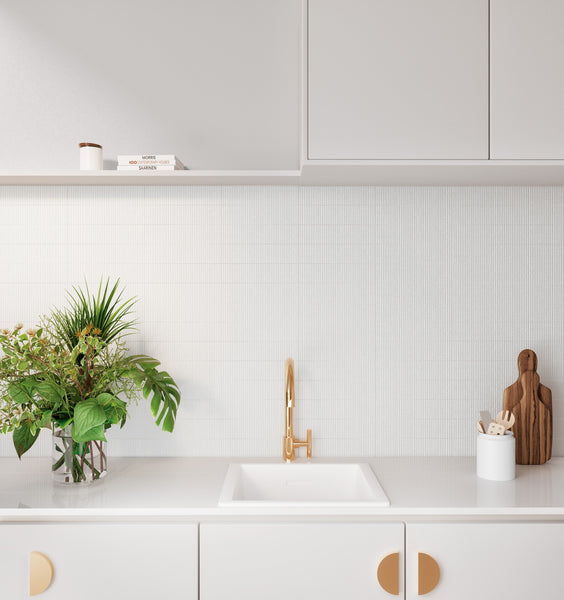 Van Decor Blanco 3x12 Matte Ceramic Tile in a minimalist design, showcasing soft white tones with subtle decorative texture for added sophistication.