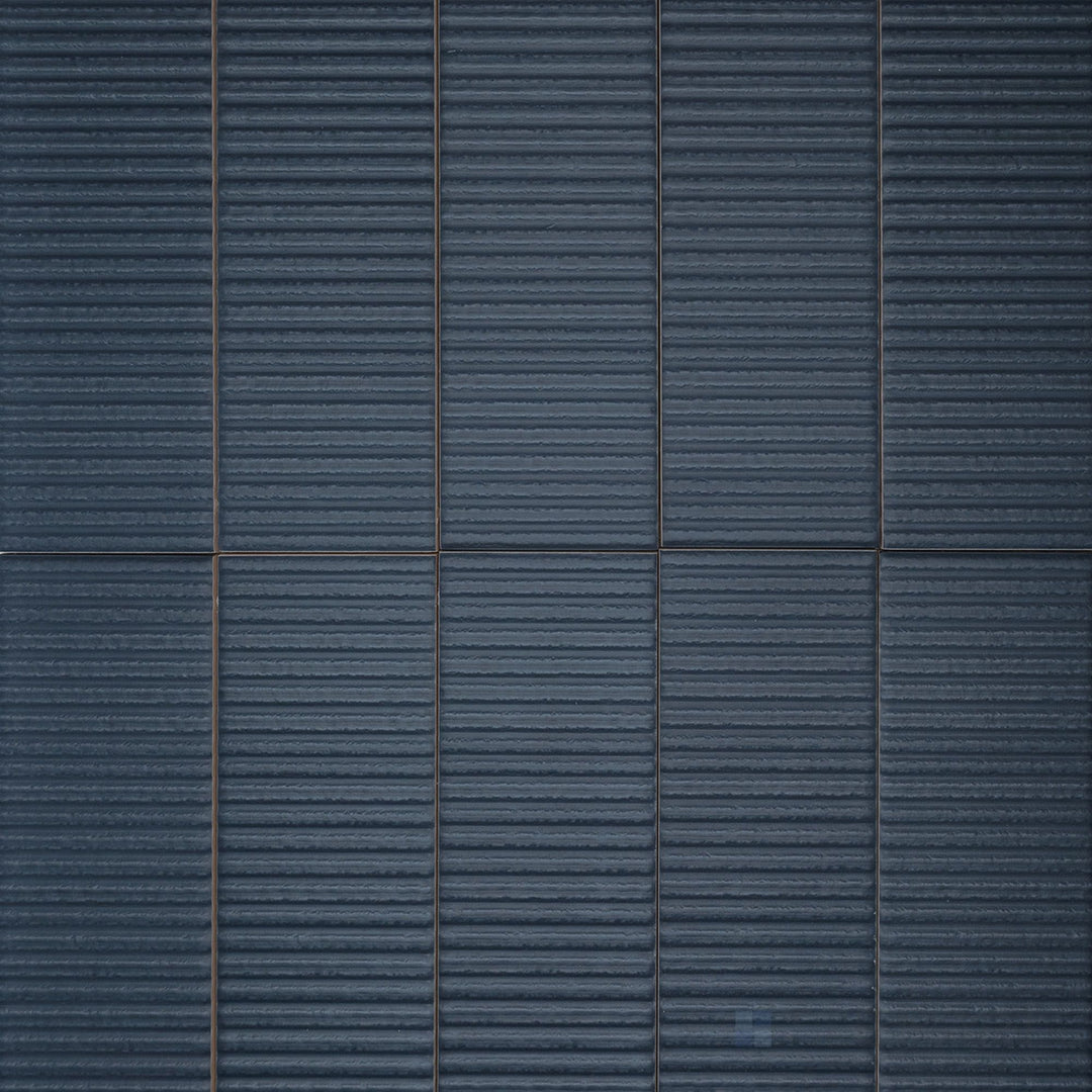 Full view of Van Decor Azul 3x12 Matte Ceramic Tile showcasing a rich blue hue, decorative surface texture, and soft matte finish for accent walls.