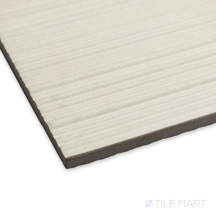Corner perspective of Nuances Ribbed Bianco 24x48 Matte Porcelain Tile – highlighting refined ribbed detailing and matte finish for contemporary design appeal