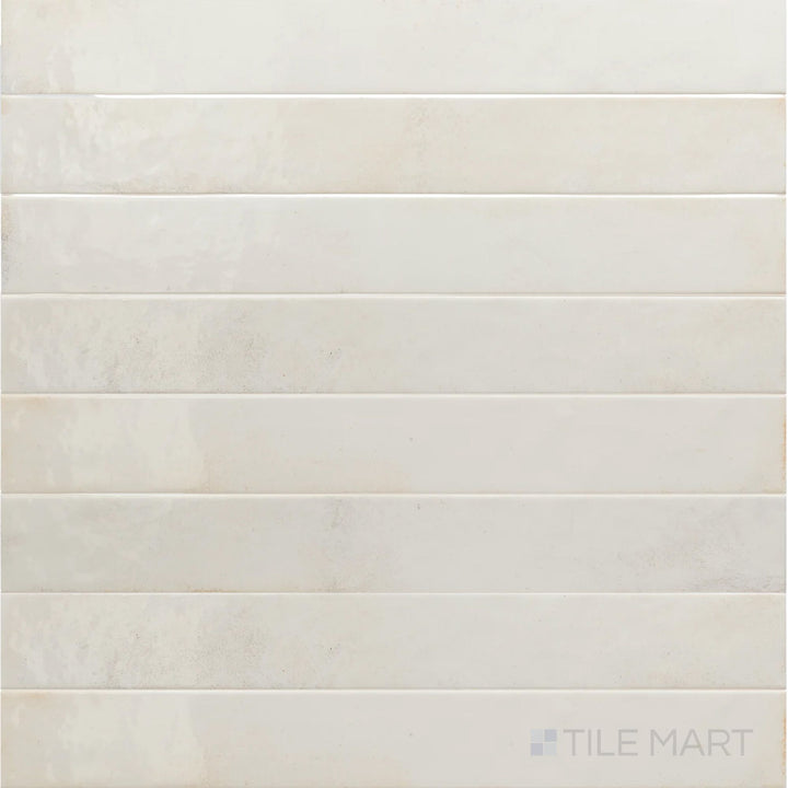 Overview of Bali White 2x16 glossy ceramic subway tile, assembled to show its vibrant, reflective sheen.