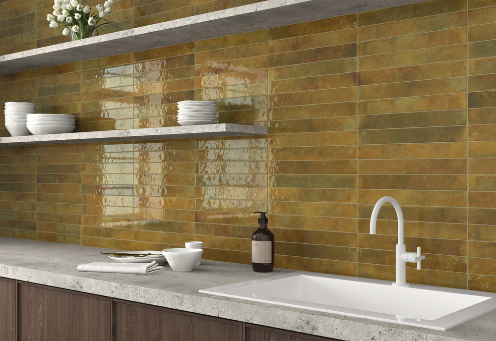 Bali Moss carries an earthy, muted green tone that adds quiet depth to a glossy subway wall.