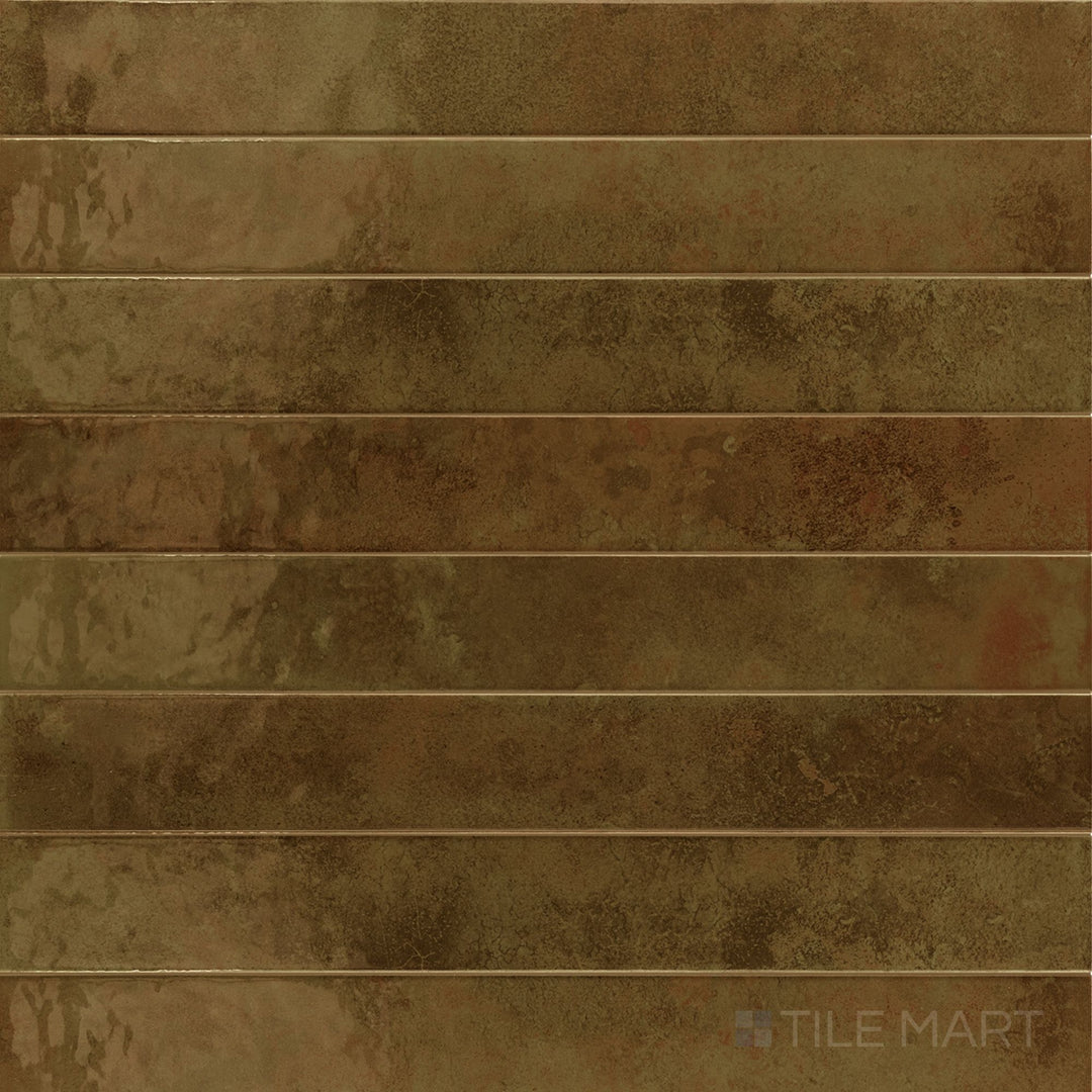 Overview of Bali Moss 2x16 glossy ceramic subway tile, assembled to show its rich, light-catching hue.