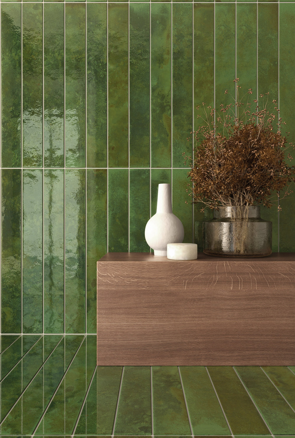 Bali Green offers a bold, saturated hue that energizes a glossy subway tile wall with vibrant color.