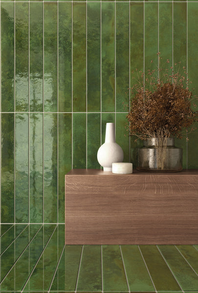 Bali Green offers a bold, saturated hue that energizes a glossy subway tile wall with vibrant color.