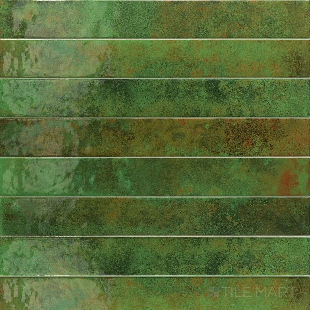 Overview of Bali Green 2x16 glossy ceramic subway tile, assembled to show its bold, vibrant hue.