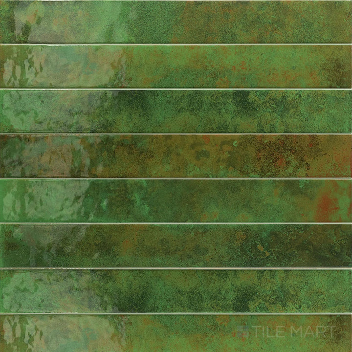 Overview of Bali Green 2x16 glossy ceramic subway tile, assembled to show its bold, vibrant hue.