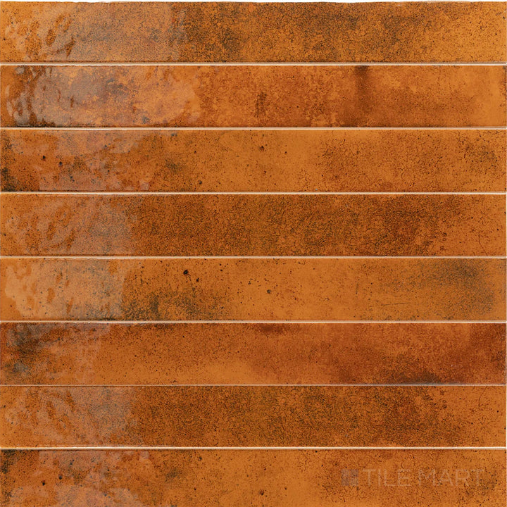 Overview of Bali Ginger 2x16 glossy ceramic subway tile, assembled to show its warm, vibrant tone.