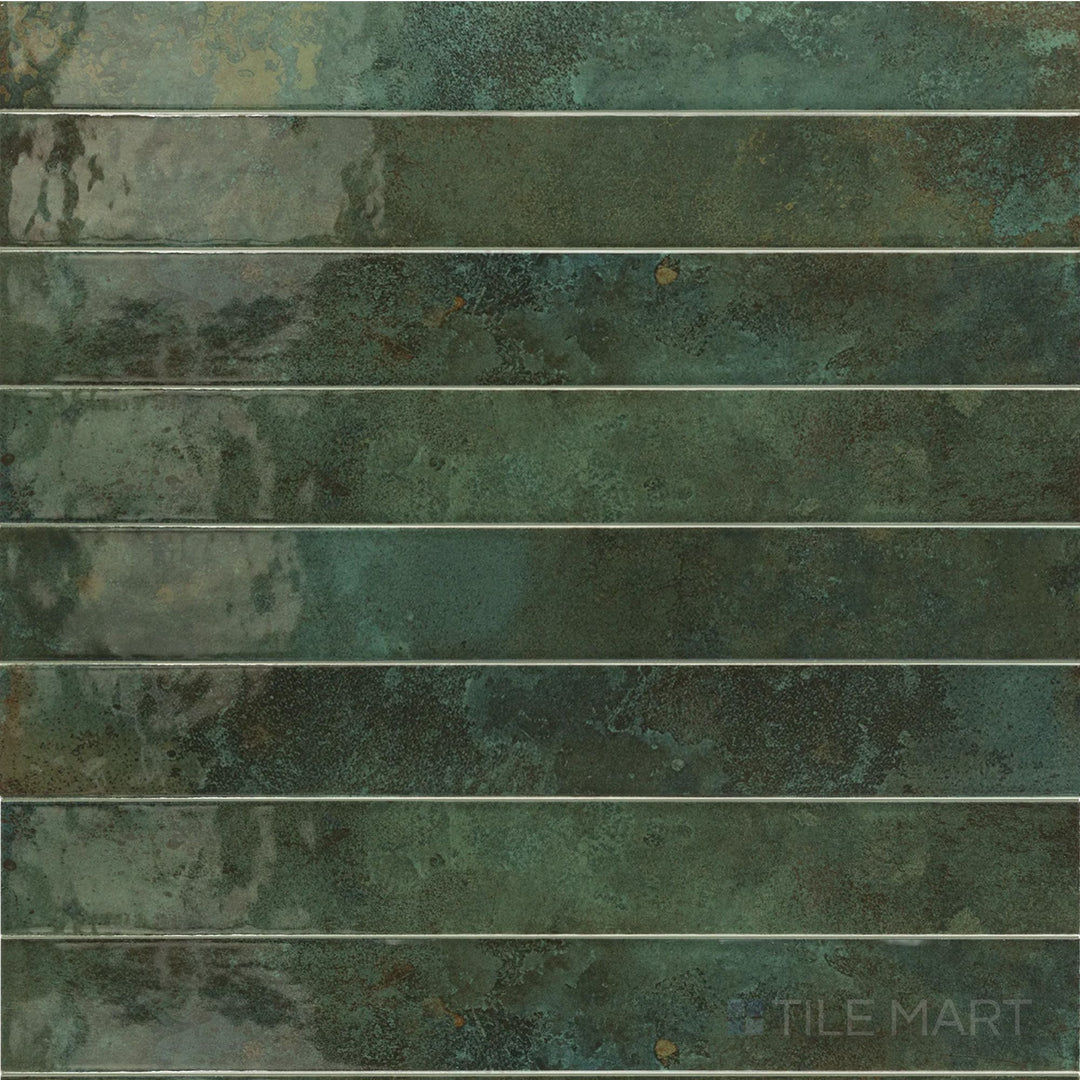 Overview of Bali Isle Of Pine 2x16 glossy ceramic subway tile, assembled to show its layered green hue.
