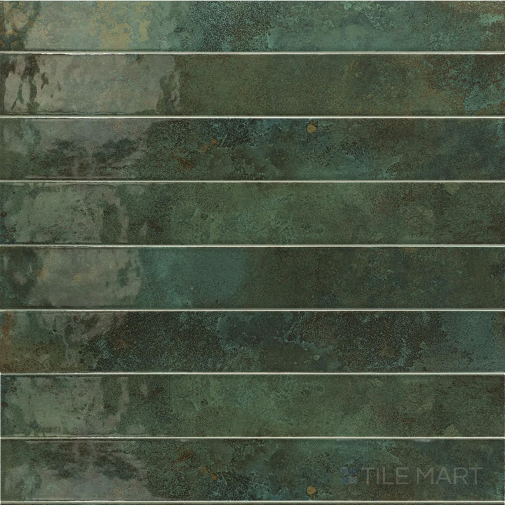 Overview of Bali Isle Of Pine 2x16 glossy ceramic subway tile, assembled to show its layered green hue.