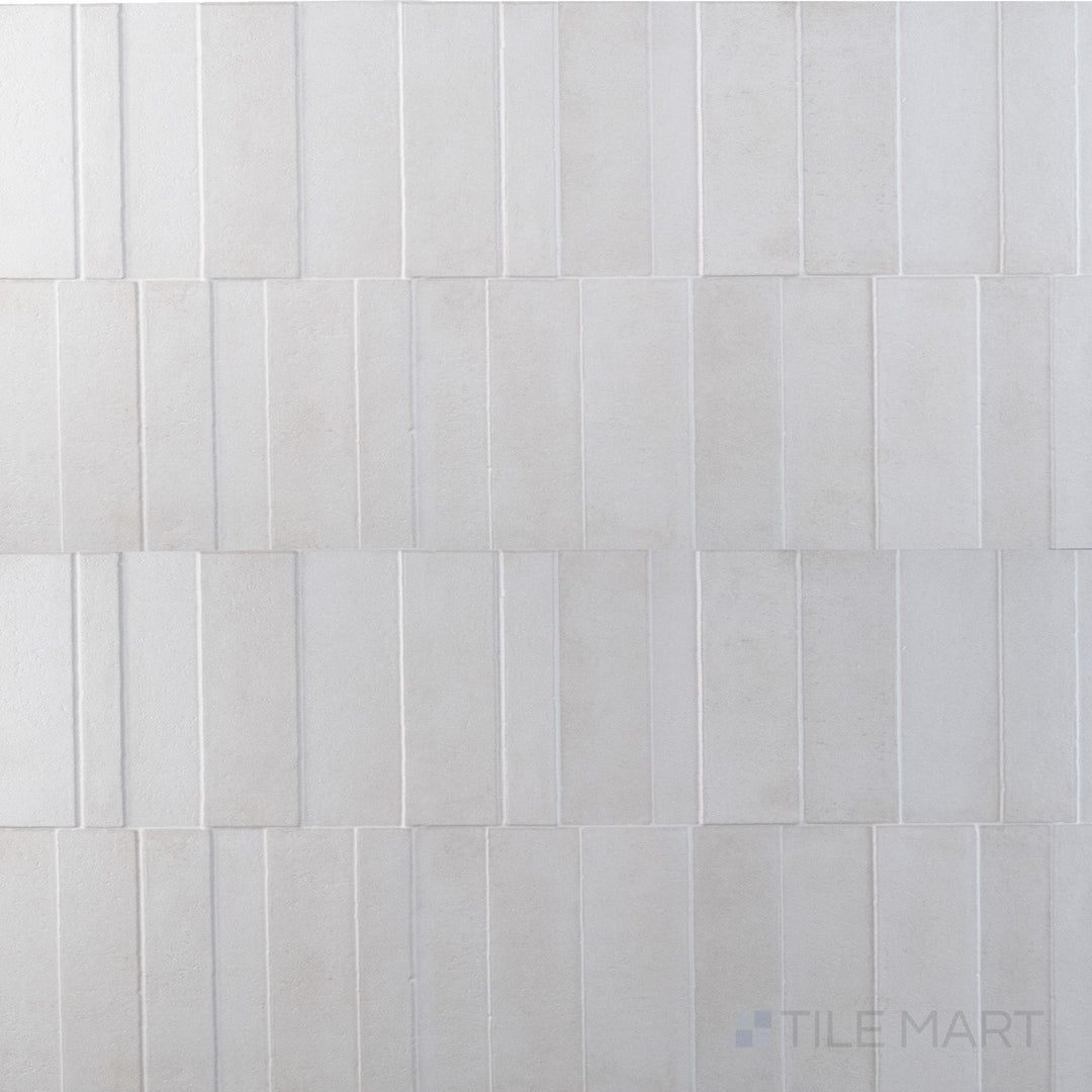 Overview of Slant Bone 16x48 matte ceramic 3D decorative panel, assembled to show its sculptural relief.