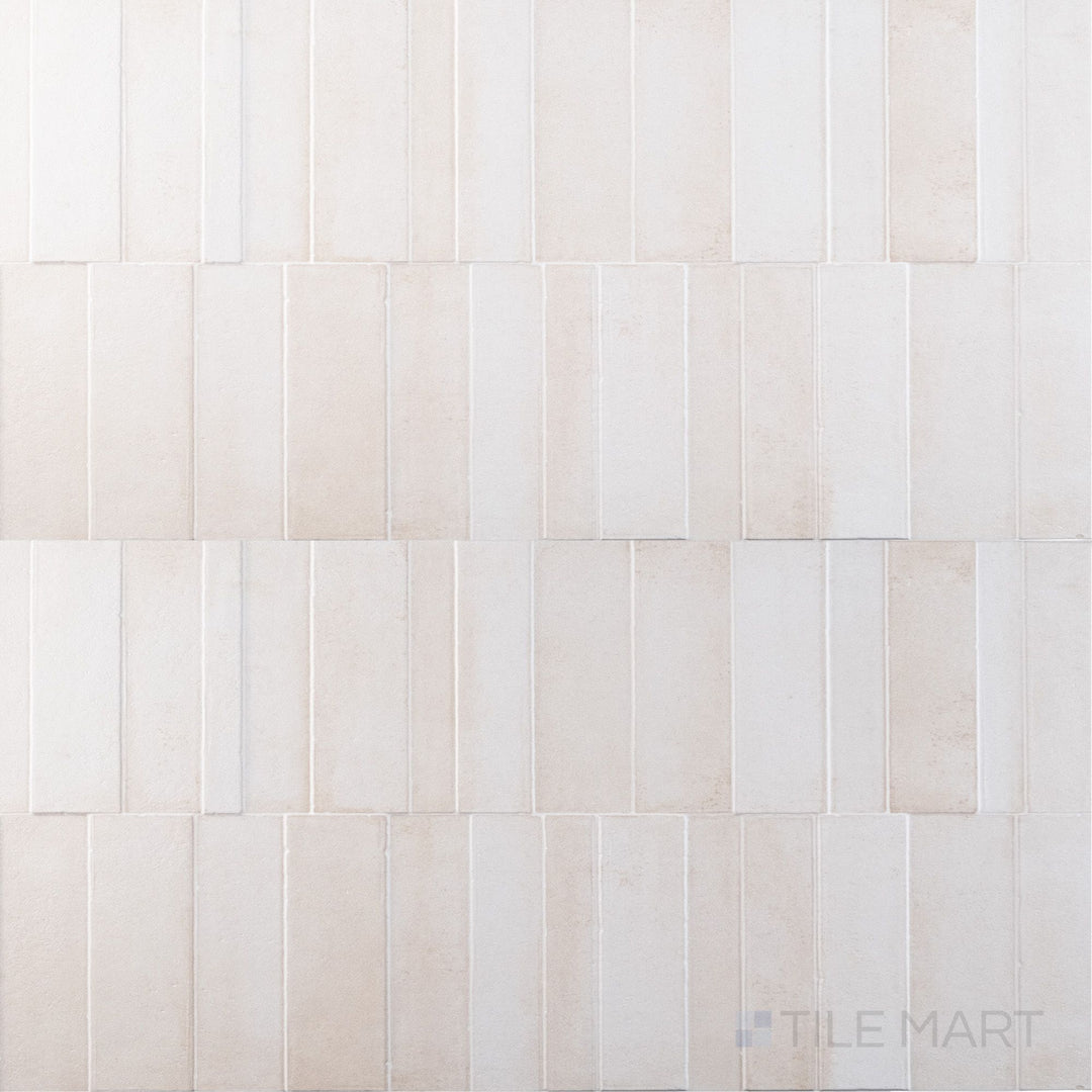 Overview of Slant Sand 16x48 matte ceramic 3D decorative panel, assembled to show its tactile, raised relief.