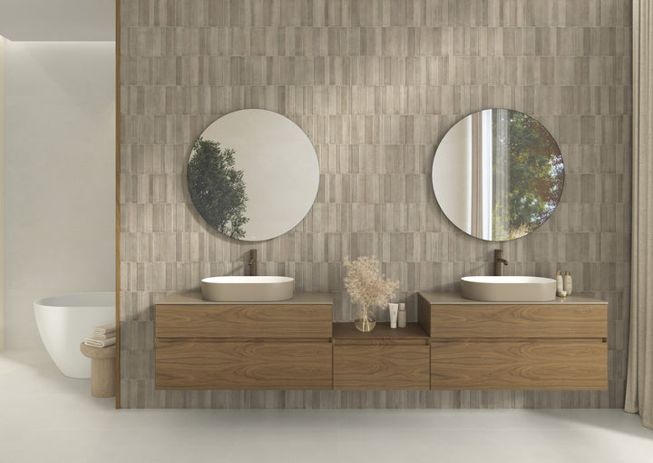 Slant Taupe brings a warm, sculptural texture that adds tactile depth to a matte panel wall design.