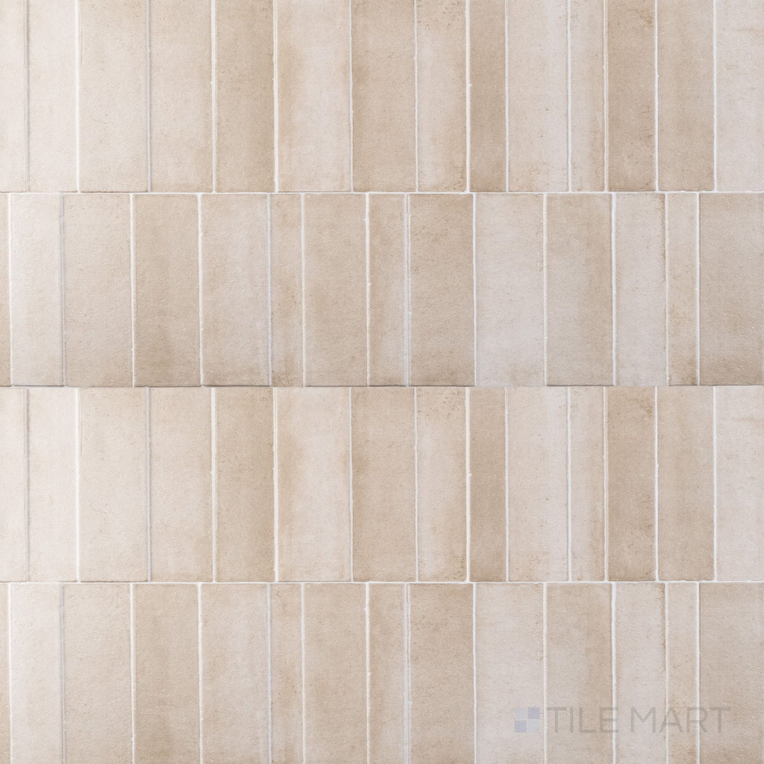 Overview of Slant Taupe 16x48 matte ceramic 3D decorative panel, assembled to show its raised, sculptural relief.