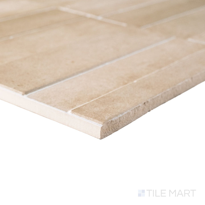 Corner shot of Slant Taupe panel revealing its tactile profile and softly textured matte finish.
