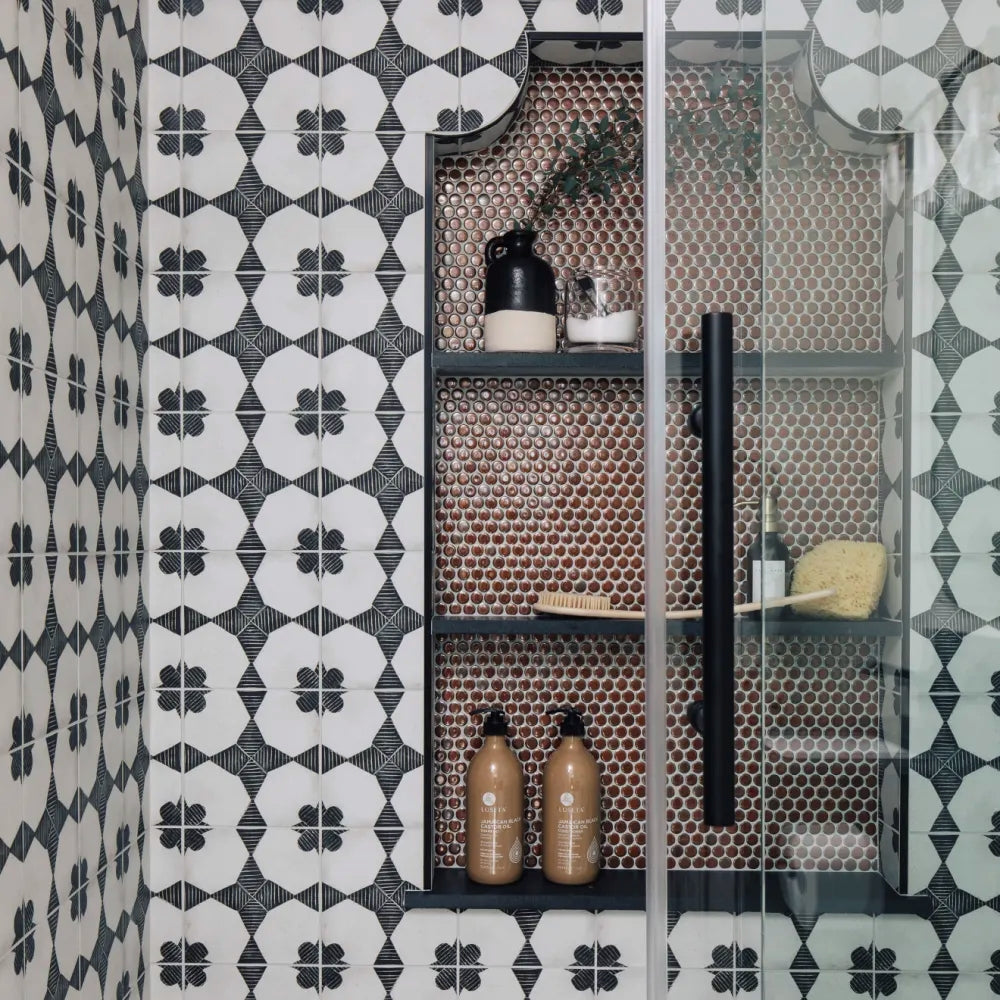 A striking and vibrant surface with a glossy finish, featuring 360° Cardinal 3/4" Penny Round Gloss Glazed Porcelain Mosaic.