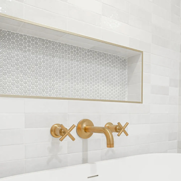 A modern and refined space featuring 360° Dove Grey 3/4" Penny Round Gloss Glazed Porcelain Mosaic, adding soft elegance with a glossy sheen that reflects ambient lighting.